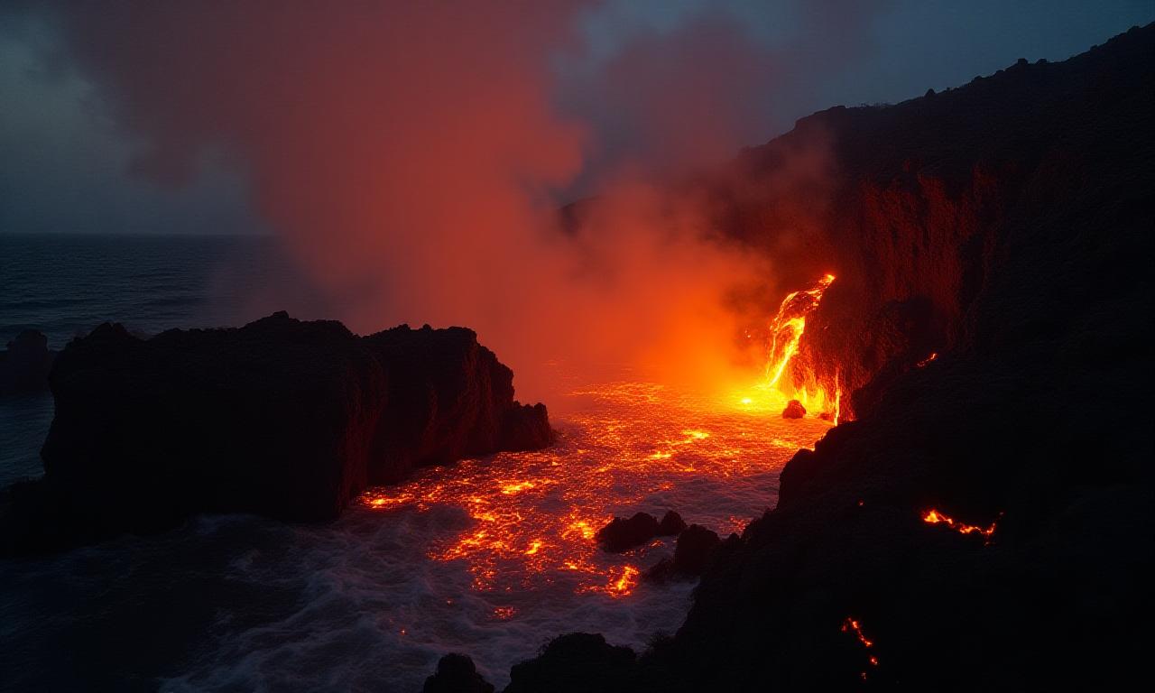 Lava flowing into the ocean under a dark sky